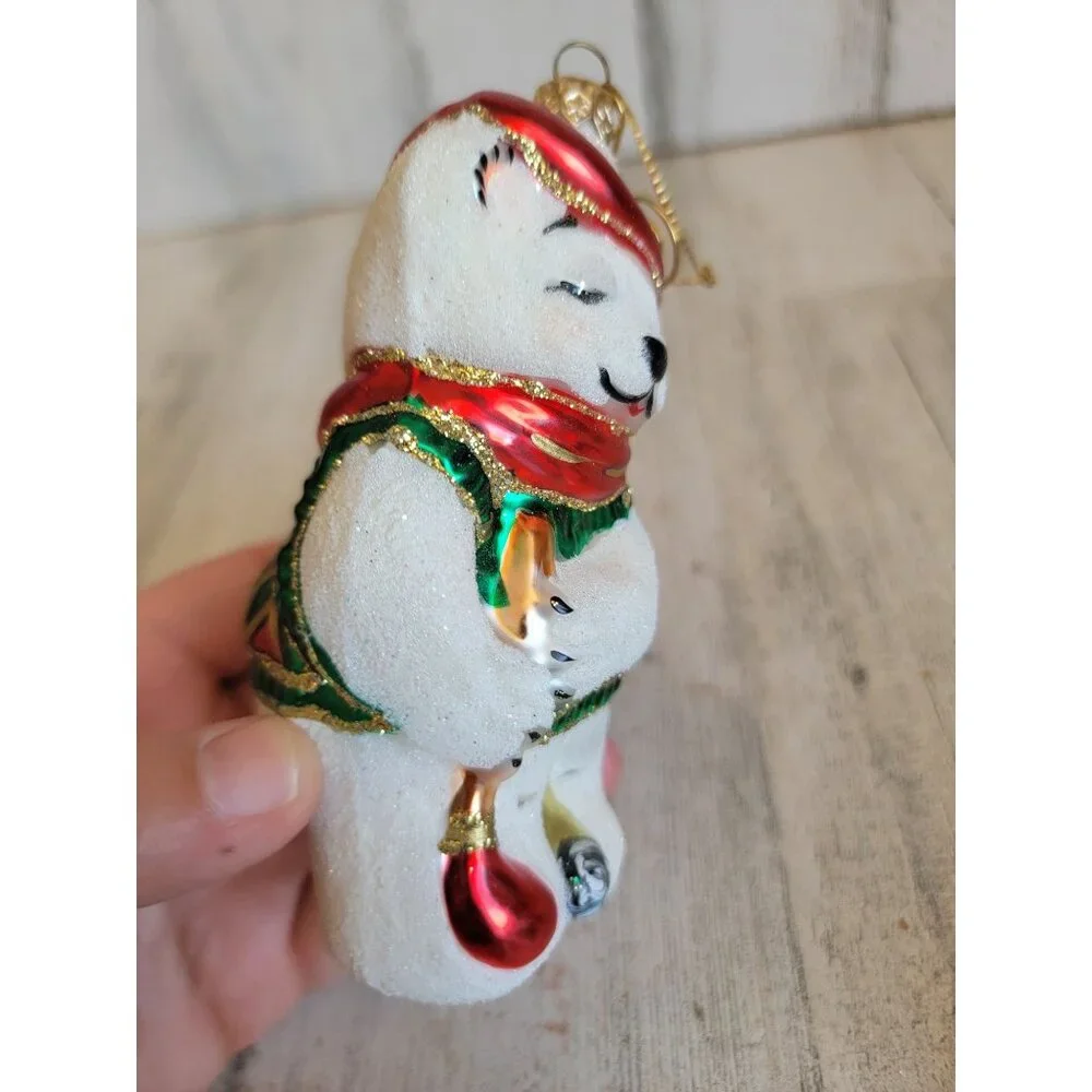 Vintage polar bear glitter‎ blown glass golf ornament Xmas